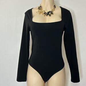 MangoPop Black Square Neck Long Sleeve Bodysuit Women’s Large Stretch Minimalist